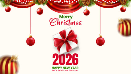 merry christmas, happy new year 2026 gift poster, festive 2026 christmas, new year celebration vector card, holiday gift box red ribbon pine cone banner, christmas new year eve party invitation