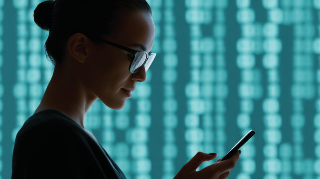Profile of a woman using smartphone with digital code background symbolizing cybersecurity and data protection in technology environment