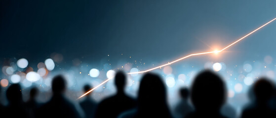 Silhouettes of people watching glowing rising line graph with bokeh lights in background symbolizing growth and success