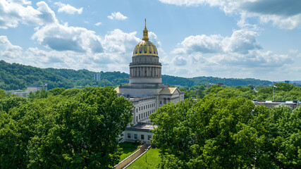 Aerial View of the West Virginia State Capitol Surrounded by Lush Greenery