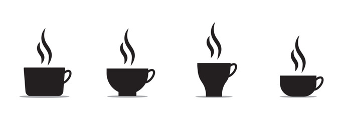 Coffee mug and tea cup vector icon set. Black silhouette collection with steam and heart symbols for cafe logo, coffee shop branding, menu design or hot drink element.