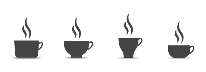 Coffee cup and mug silhouette icon set. Vector collection of hot drink symbols with steam. Minimalist flat graphic design elements for cafe, beverage, tea, or espresso logo.