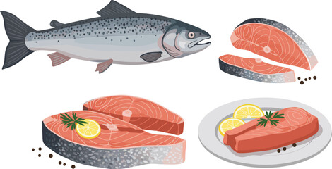  salmon, gourmet dish, healthy food, rosemary, lemon, peppercorns, culinary, nutrition, kitchen, fresh, protein, omega-3, dinner, illustration, realistic