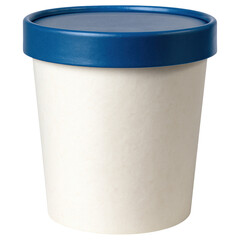 A pint container of ice cream made of white cardboard with a blue lid