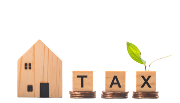 Isolated on Transparent Background Real Estate Tax Concept with Coin Piles and Wooden Home Icon Beside TAX Blocks - Powered by Adobe