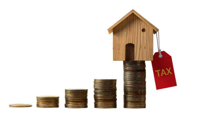 Isolated on Transparent Background Stacked Coins Supporting Wooden House and Red TAX Label Tag, Realistic Finance Symbol - Powered by Adobe
