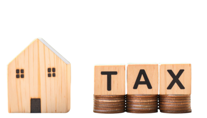 Real Estate Tax Concept with Coin Piles and Wooden Home Icon Beside TAX Blocks, Isolated on Transparent Background