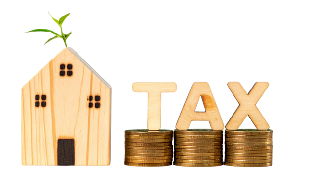  PNG Wooden House Model on Stack of Gold Coins with Bold TAX Letters, Property and Finance Concept