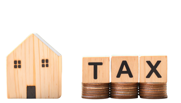  Real Estate Tax Concept with Coin Piles and Wooden Home Icon Beside TAX Blocks, Isolated on Transparent Background - Powered by Adobe