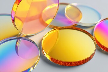 Abstract glass shapes casting soft gradients on pale backdrop, modern minimal design with prismatic highlights