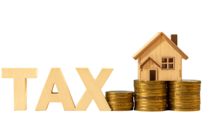 Wooden House Model on Stack of Gold Coins with Bold TAX Letters, Property and Finance Concept, Isolated on Transparent Background