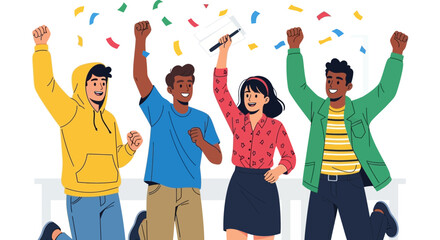 Joyful Group Celebrating Victory With Colorful Confetti in a Vector Illustration
