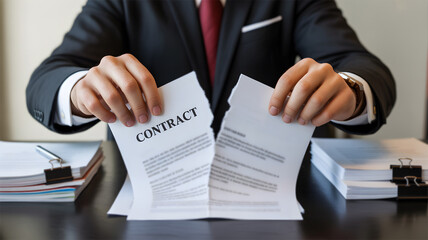 Businessman Ripping Paper Contract in Half Representing Termination Cancellation or Breach