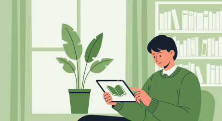Man Reading Book On Tablet Inside, Surrounded by Plants, in Modern Living Room