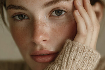 Beautiful young woman in beige knitwear sweater.	