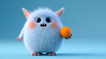 Fototapeta premium Funny fluffy monster with big eyes holding orange sphere. Cute cartoon character with soft fur for kid content. Creative mascot.