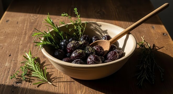 Rustic Composition of Olives, Herbs and Wooden Elements Captured in Natural Light
