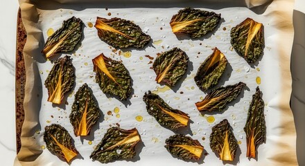 Fototapeta premium Roasted Kale Crisps with Flaky Sea Salt, A Savory and Healthful Snack