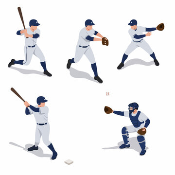 Isometric Detailed Baseball Player Action Poses Set Illustration