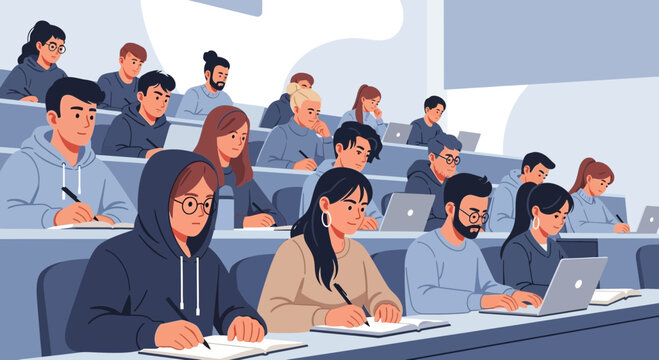 Students Focused On Studies Inside A Lecture Hall With Digital Devices And Notebooks