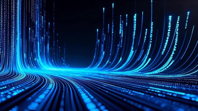 Blue digital data streams on black background