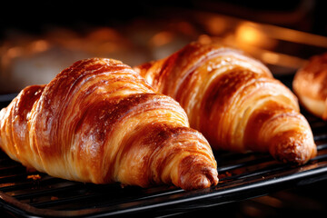 Delicious golden-brown croissants baking in a warm oven