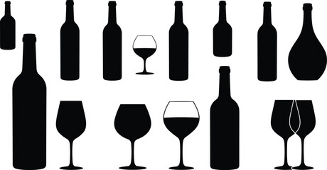 Silhouette collection of wine bottles and glasses, elegant drinkware shapes for bar, restaurant, beverage branding, cocktail, alcohol, liquor design