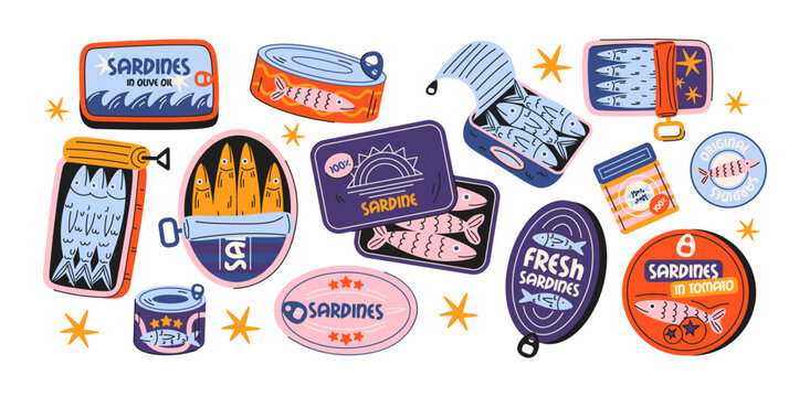 Set sardines and seafood in cans canned. Cartoon stickers of fish products packaging in bright doodle. Tuna, salmon, shrimp, octopus. Vector shapes stickers