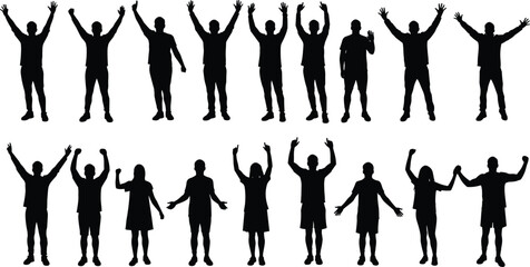 Silhouette group of people raising hands, celebrating teamwork, unity, diversity, joy, outdoor energy, black figures, crowd gesture, community spirit