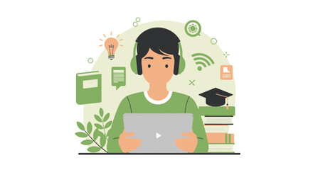 Young Individual Engaged in Online Learning with Laptop, Books, and Creative Concept