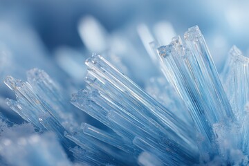 Macro of translucent ice crystals sparkling with prismatic reflections and pale blue tones
