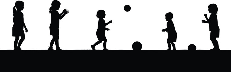 Silhouette of children playing with balls, throwing, catching, kicking, active kids, teamwork, motion, fun, black figures, white background