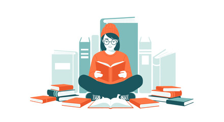 Young Woman Immersed in Reading Surrounded by a Collection of Literary Works