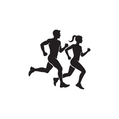Silhouette of man and woman running together on white background
