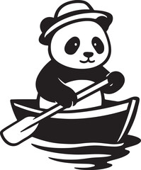 Baby giant panda riding a boat silhouette vector illustration