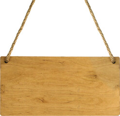 A wooden sign hangs on a thin rope