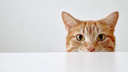 Obraz premium Curious orange cat peeking over a white table with a playful expression