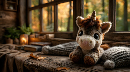 A cute unicorn sitting by a cozy wooden cabin window, bathed in warm autumn light. Soft and emotional fantasy illustration with glowing candles