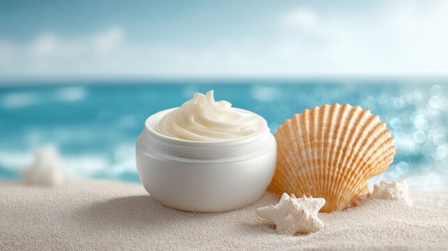 Soft lotion sits on smooth sand beside shells with gentle waves in the background. - Powered by Adobe