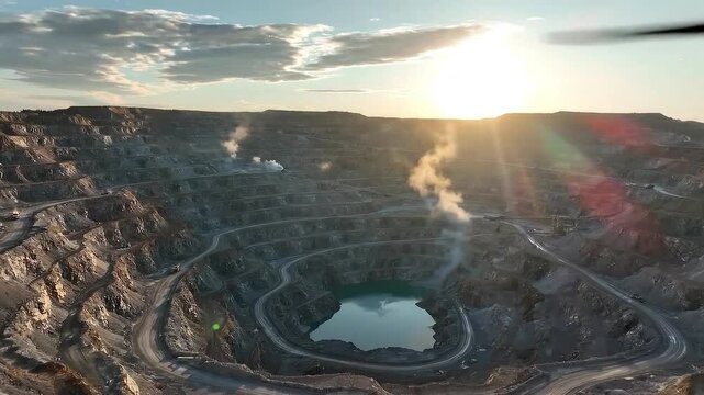 Aerial view of terraced open pit mine at sunrise with winding haul roads steam plumes and a reflective water pool in the deep quarry basin. Open pit mine at sunrise. Terraced quarry aerial view