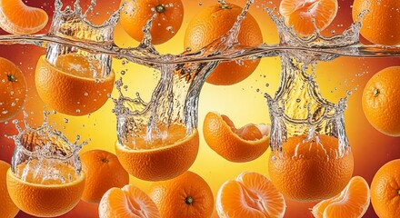 Refreshing citrus burst with vibrant oranges and tangerines splashing in cool water, creating a dynamic and healthy beverage concept for a revitalizing experience