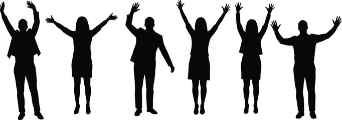 Silhouette people raising hands, teamwork celebration, unity pose, black figures, group success, diversity, business concept, abstract crowd, minimal style