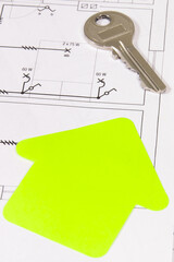 Diagram of electric installation, shape of house and key. Planning build or buy of home