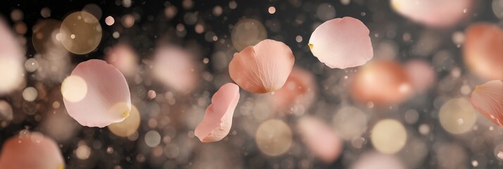 Delicate rose petals floating in romantic golden light against elegant black backdrop, wedding celebration