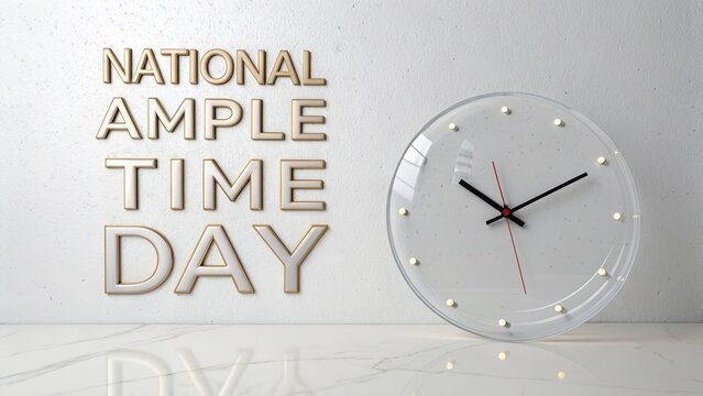 National Ample Time Day, Minimalist crystal glass clock with floating hands glowing softly in modern daylight.