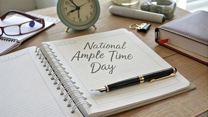 National Ample Time Day, Organized study desk with open planner fountain pen and glasses under soft daylight.