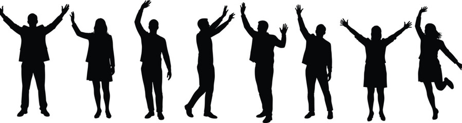 Silhouette people, waving hands, jumping pose, human gesture, teamwork, unity, black figures, expressive stance, minimal style, white background