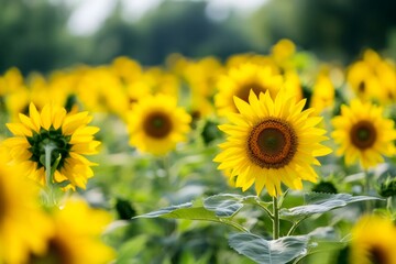 Fototapeta premium Sunflowers growing in a field under summer sky