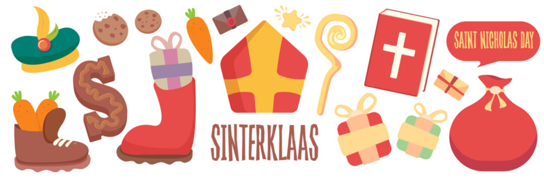 Sinterklaas and Saint Nicholas Day icons set vector illustration, traditional Dutch and Belgian holiday symbols, creative graphic art for greeting cards, invitations, and cultural event decorations