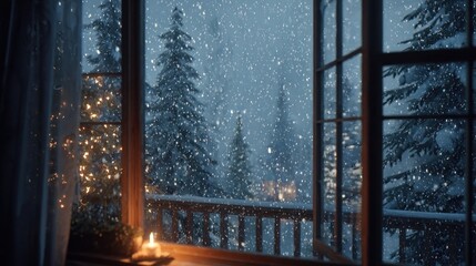 Christmas Eve snowstorm viewed through cozy cabin window,